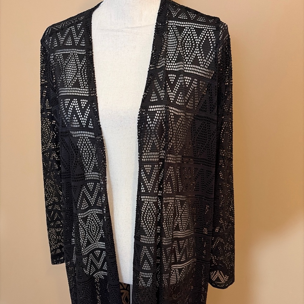 Lularoe Solid Black Crochet Long Duster Cardigan … - image 2